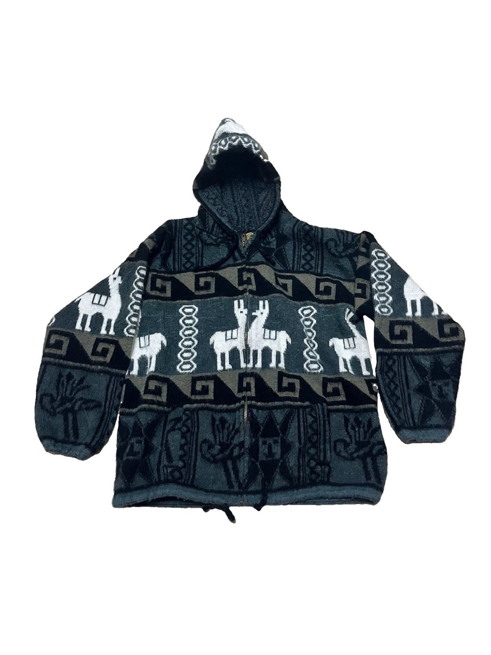 Vintage Tejidos Rumiñahui Men’s Alpaca Wool Hooded Zip Up Sweater Jacket Size XL